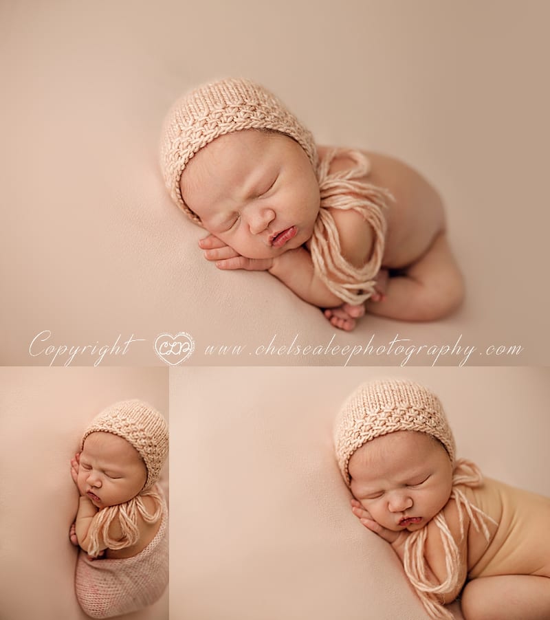 newborn baby girl in pink bonnet and wrap